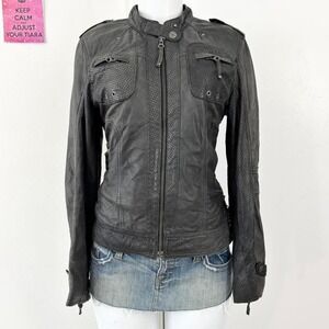 black fitted lamb leather moto jacket perforated biker y2k
